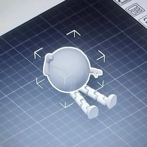 May include: A 3D-rendered, light gray cartoon character with a spherical body, arms, and legs. The character is positioned on a grid, with arrows indicating its dimensions. The arms are raised, and the legs are extended.