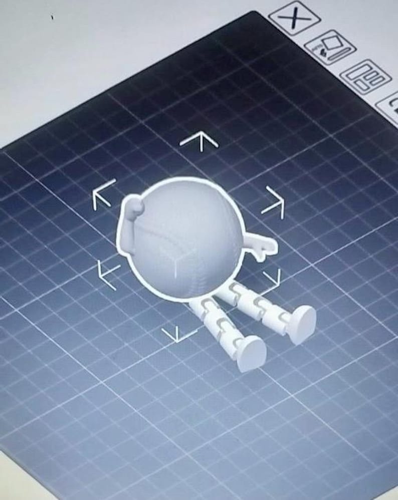 May include: A 3D-rendered, light gray cartoon character with a spherical body, arms, and legs. The character is positioned on a grid, with arrows indicating its dimensions. The arms are raised, and the legs are extended.