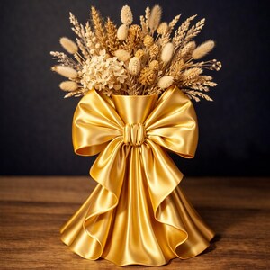 Puede incluir: Un jarr&oacute;n dorado con un gran dise&ntilde;o de lazo, lleno de flores secas y trigo. El jarr&oacute;n tiene una textura similar a la del sat&eacute;n y est&aacute; sobre un fondo oscuro, creando un contraste llamativo. El arreglo es un centro de mesa decorativo.