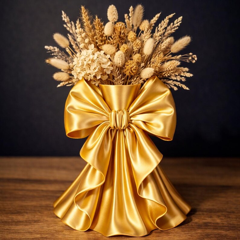 Puede incluir: Un jarr&oacute;n dorado con un gran dise&ntilde;o de lazo, lleno de flores secas y trigo. El jarr&oacute;n tiene una textura similar a la del sat&eacute;n y est&aacute; sobre un fondo oscuro, creando un contraste llamativo. El arreglo es un centro de mesa decorativo.