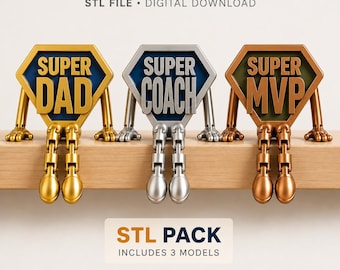 3D Print STL Bundle. 3 Articulated Superhero Figures. Super Dad, Super Coach, Super MVP. STL Files, 3D Printing Digital Download File.