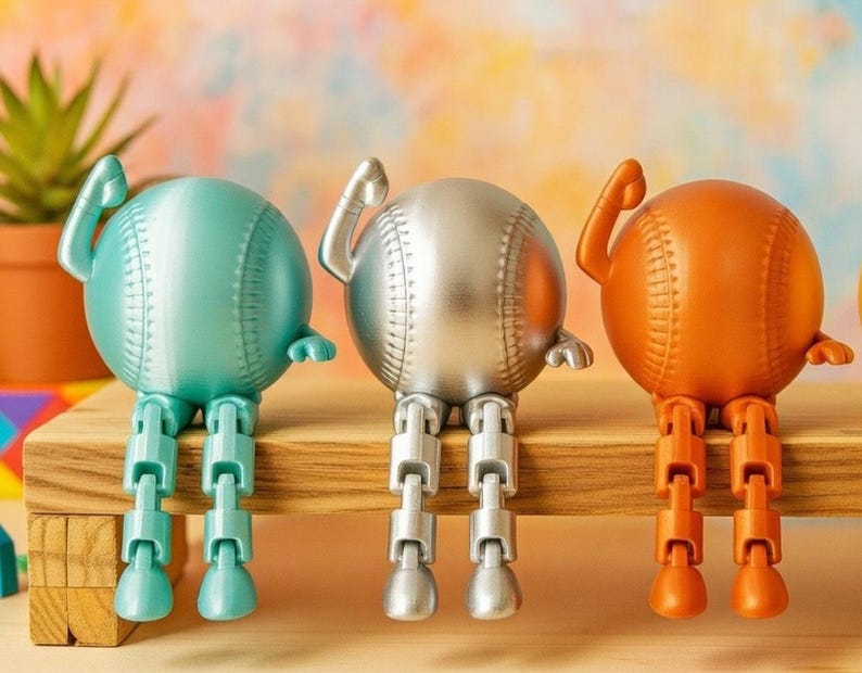 May include: Three baseball-themed figurines in teal, silver, and orange, each with articulated legs and arms. They are seated on a wooden surface, with a colorful background. The baseballs have stitched details.