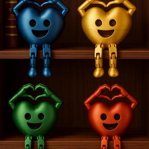 May include: Four heart-shaped figurines in blue, gold, green, and red, each with a smiling face and hands forming a heart shape above their heads. They have jointed legs and are sitting on a wooden shelf.