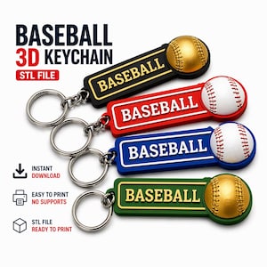 Puede incluir: Cuatro llaveros con temática de béisbol en negro, rojo, azul y verde. Cada llavero presenta la palabra "BASEBALL" y un diseño de béisbol. Los llaveros están unidos a llaveros plateados. El texto de la imagen dice "BASEBALL 3D KEYCHAIN STL FILE".