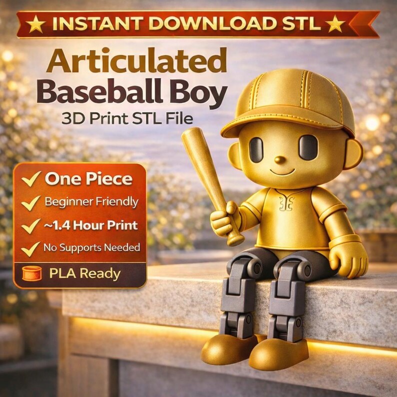 May include: A gold-colored articulated baseball boy figurine holding a baseball bat. The text reads: INSTANT DOWNLOAD STL, Articulated Baseball Boy, 3D Print STL File, One Piece, Beginner Friendly, ~1.4 Hour Print, No Supports Needed, PLA Ready.