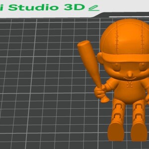 May include: An orange 3D printed figurine of a character wearing a baseball cap and holding a baseball bat. The figure is positioned on a dark gray grid surface labeled Bambu Textured PEI Plate and Lai Studio 3D, featuring articulated legs.