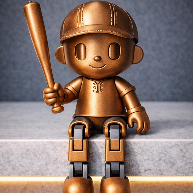 May include: A bronze-colored figurine of a character wearing a baseball cap and a jersey, holding a baseball bat in one hand. The figure has articulated joints at the knees and hips, allowing it to sit with its legs dangling down from a flat surface.