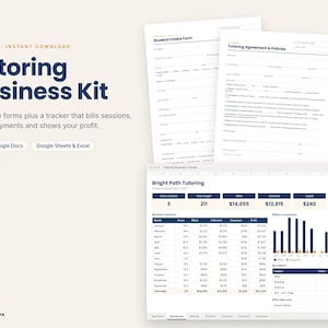 May include: A digital tutoring business kit featuring eight editable forms and a session tracker. The documents include a Student Intake Form, Tutoring Agreement & Policies, and a Bright Path Tutoring dashboard for tracking hours, payments, and profits.