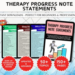 以下が含まれることがあります： セラピーの進捗ノートステートメントのデジタルダウンロード。画像には、「Eye Movement Desensitization」、「Sleep Disorder」、「Skills Training」などのコンテンツが表示されたタブレットがいくつか表示されています。画像には「Instant Downloads」と「150+ Pages」というテキストも含まれています。