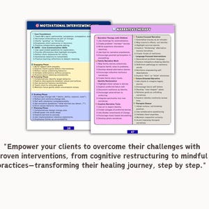 May include: Two educational guides on a white background. The first, with a blue header, details "Motivational Interviewing." The second, with a pink header, covers "Narrative Therapy." The text below reads: "Empower your clients to overcome their challenges..."