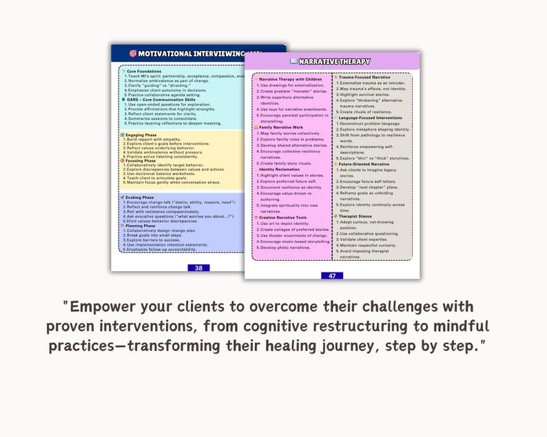 May include: Two educational guides on a white background. The first, with a blue header, details "Motivational Interviewing." The second, with a pink header, covers "Narrative Therapy." The text below reads: "Empower your clients to overcome their challenges..."