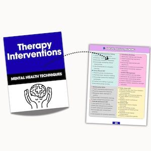 May include: A book titled "Therapy Interventions" with the subtitle "Mental Health Techniques" is connected to a page titled "Social Skills Training." The book cover is blue and white with a brain graphic. The training page lists various social skills.