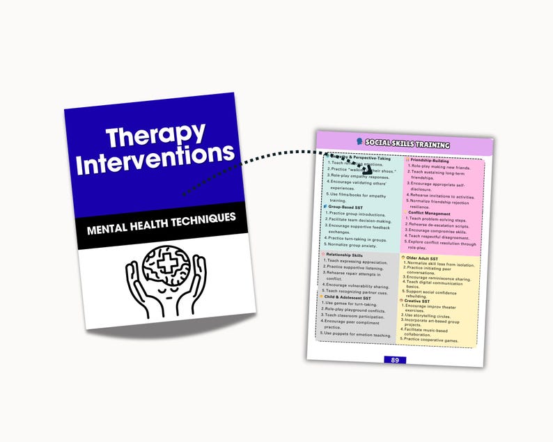 May include: A book titled "Therapy Interventions" with the subtitle "Mental Health Techniques" is connected to a page titled "Social Skills Training." The book cover is blue and white with a brain graphic. The training page lists various social skills.
