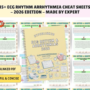 May include: A spiral-bound guide titled Hyperlinked ECG Rhythm & Arrhythmias 2026 with a light yellow cover featuring illustrated medical icons and text. The guide is surrounded by multiple pages displaying ECG rhythm strips and clinical summaries.