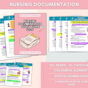 Op de afbeelding: Een verzameling verpleegkundige documentatiematerialen, waaronder een studiehandleiding en informatiebladen. De studiehandleiding, getiteld "Nursing Documentation Study Guide 2026", is roze met witte tekst. De afbeelding bevat ook een lijst met kenmerken.