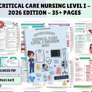 Può includere: Una guida di studio digitale rilegata a spirale intitolata Hyperlinked Critical Care Level 1 Nursing 2026, con una copertina azzurra illustrata con un infermiere, attrezzature mediche e un monitor cardiaco, circondata da varie pagine di riferimento.