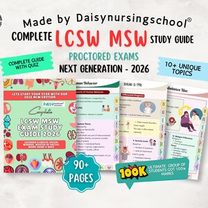 Puede incluir: Una guía de estudio digital para exámenes LCSW y MSW titulada Complete LCSW MSW Exam Study Guide 2026. La portada es de color verde claro con iconos anatómicos coloridos y pancartas de texto rojas. Incluye más de 90 páginas y 10+ temas únicos.