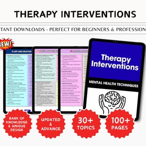 May include: Digital downloads titled "Therapy Interventions" with the text "Mental Health Techniques." The image shows four tablets displaying lists of topics, with the words "Art and Creative," "Anger Management," and "Crisis Intervention" visible. The image also includes the text "Bank of Knowledge & Unique Design," "Updated & Advance," "30+ Topics," and "100+ Pages."