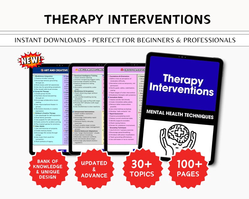 May include: Digital downloads titled "Therapy Interventions" with the text "Mental Health Techniques." The image shows four tablets displaying lists of topics, with the words "Art and Creative," "Anger Management," and "Crisis Intervention" visible. The image also includes the text "Bank of Knowledge & Unique Design," "Updated & Advance," "30+ Topics," and "100+ Pages."