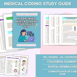 Peut inclure: Image d'un guide d'étude de codage médical intitulé "Hyperlinked Medical Coding Study Guide 2026". La couverture présente une illustration d'une personne utilisant un ordinateur portable. Des pages et du texte supplémentaires sont visibles, dont "90+ Pages - 15+ Categories".