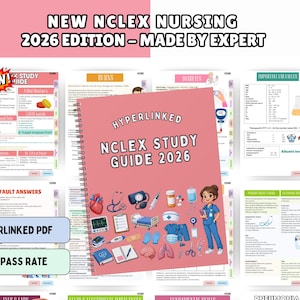 May include: A spiral-bound NCLEX Study Guide 2026 with a pink cover featuring medical illustrations including a stethoscope, heart, brain, and a nurse. The guide is displayed against a background of various study pages containing nursing notes.
