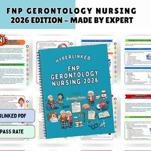 May include: A spiral-bound digital study guide titled FNP GERONTOLOGY NURSING 2026 with a teal cover featuring illustrations of elderly people, medical equipment, and health icons. The background displays multiple pages of the nursing guide.
