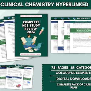 Puede incluir: Una descarga digital titulada "COMPLETE NCE STUDY REVIEW 2026" con una portada verde, que presenta una ilustración de una persona con papeles y un portátil. La imagen incluye el texto: "75+ PAGES - 15+ CATEGORIES COLOURFUL ELEMENTS DIGITAL DOWNLOADS COMPLETE PACK OF CARE PLAN."
