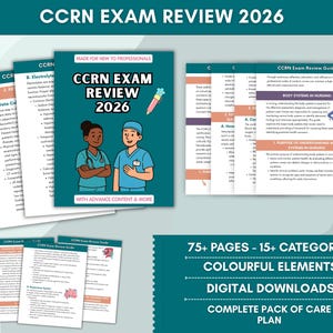 Könnte beinhalten: Ein türkisfarbenes Studienhandbuch mit dem Titel "CCRN Exam Review 2026" mit Illustrationen von medizinischem Fachpersonal. Der Leitfaden enthält "75+ PAGES - 15+ CATEGORIES" und ist ein digitaler Download.