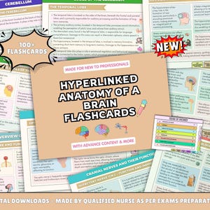 May include: A collection of educational flashcards about the brain, with the title "HYPERLINKED ANATOMY OF A BRAIN FLASHCARDS." The flashcards include diagrams and text about the cerebellum, temporal lobe, and cranial nerves. The text "100+ FLASHCARDS" is also visible.