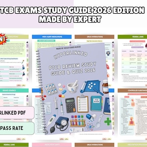 May include: A spiral-bound PTCB Review Study Guide & Quiz 2026 book featuring illustrations of medical equipment like a mortar and pestle, calculator, syringes, and pills. The cover text reads Made by Registered Nurse and Hyperlinked.