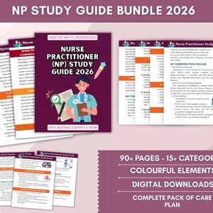May include: A bundle of digital study guides for Nurse Practitioners. The cover features a cartoon illustration of a healthcare professional with the text "Nurse Practitioner (NP) Study Guide 2026." Additional text includes "90+ pages - 15+ categories" and "Digital Downloads."