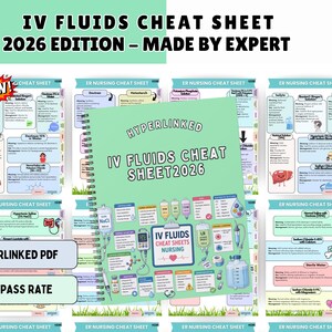 May include: A spiral-bound IV Fluids Cheat Sheet 2026 guide featuring a light green cover with medical illustrations of IV bags, tubing, and nursing equipment. The text reads Hyperlinked IV Fluids Cheat Sheet 2026, surrounded by multiple reference pages.
