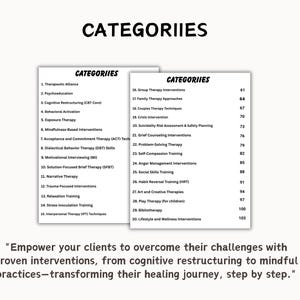 May include: Two white pages with the word "CATEGORIES" at the top, listing various therapeutic approaches. The text includes topics like "Therapeutic Alliance," "Psychoeducation," and "Cognitive Restructuring." A quote at the bottom encourages overcoming challenges.