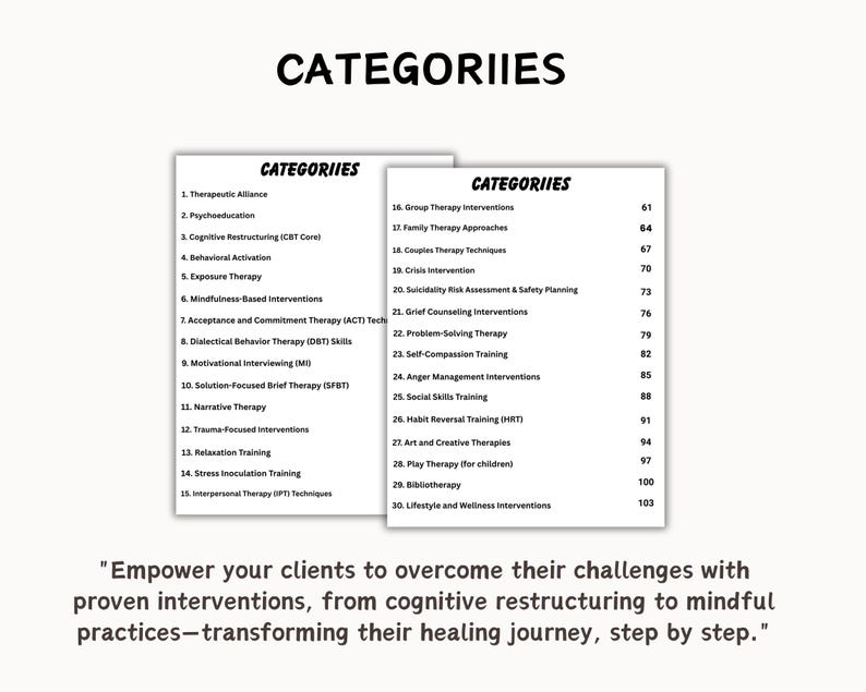 May include: Two white pages with the word "CATEGORIES" at the top, listing various therapeutic approaches. The text includes topics like "Therapeutic Alliance," "Psychoeducation," and "Cognitive Restructuring." A quote at the bottom encourages overcoming challenges.