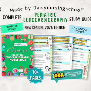 Puede incluir: Una guía de estudio completa de ecocardiografía pediátrica de Daisynursingschool, edición 2026. El conjunto incluye más de 70 páginas de notas con más de 10 temas únicos, una portada verde con iconos anatómicos y páginas educativas sobre fisiología.