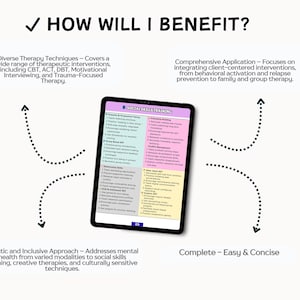 May include: A digital tablet displays "SOCIAL SKILLS TRAINING" with a list of topics. The text "HOW WILL I BENEFIT?" is at the top. Surrounding text describes therapy techniques, application, and a holistic approach. The background is a light beige color.