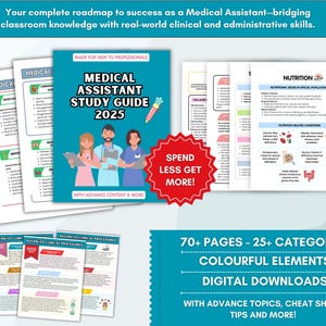 Può includere: Una Guida allo studio per assistenti medici 2025 con elementi colorati e argomenti avanzati. La guida include oltre 70 pagine e più di 25 categorie. Download digitali disponibili. L'immagine include anche il testo: "Spend Less Get More!"