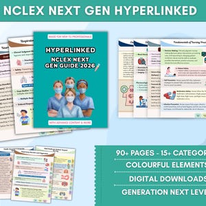 Puede incluir: Una colección de guías de estudio digitales para el examen NCLEX Next Gen. Las guías presentan elementos coloridos y están hipervinculadas para facilitar la navegación. La portada presenta ilustraciones de enfermeras con mascarillas. Descargas digitales.