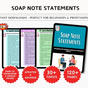 Puede incluir: Declaraciones digitales de notas SOAP en tabletas. Las tabletas muestran el texto "SOAP NOTE STATEMENTS" y "PROGRESS NOTE SENTENCE THERAPIST WORKSHEET SESSION". La imagen también incluye el texto "BANK OF KNOWLEDGE & UNIQUE DESIGN", "UPDATED & ADVANCE", "30+ TOPICS" y "120+ PAGES".