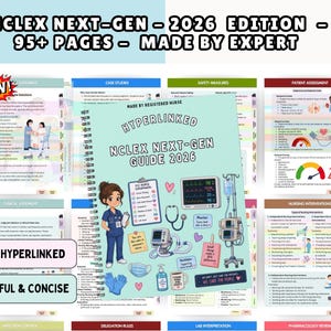 May include: A spiral-bound NCLEX Next-Gen Guide 2026 study book featuring a light blue cover with a cartoon nurse, medical equipment illustrations, and the text 'Made by Registered Nurse'. The background displays multiple pages of nursing content.