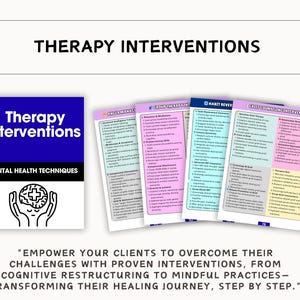 May include: A collection of therapy intervention guides. The main guide is blue with the title "Therapy Interventions" and "Mental Health Techniques". The image also includes several colorful guides with intervention topics and a quote about empowering clients.