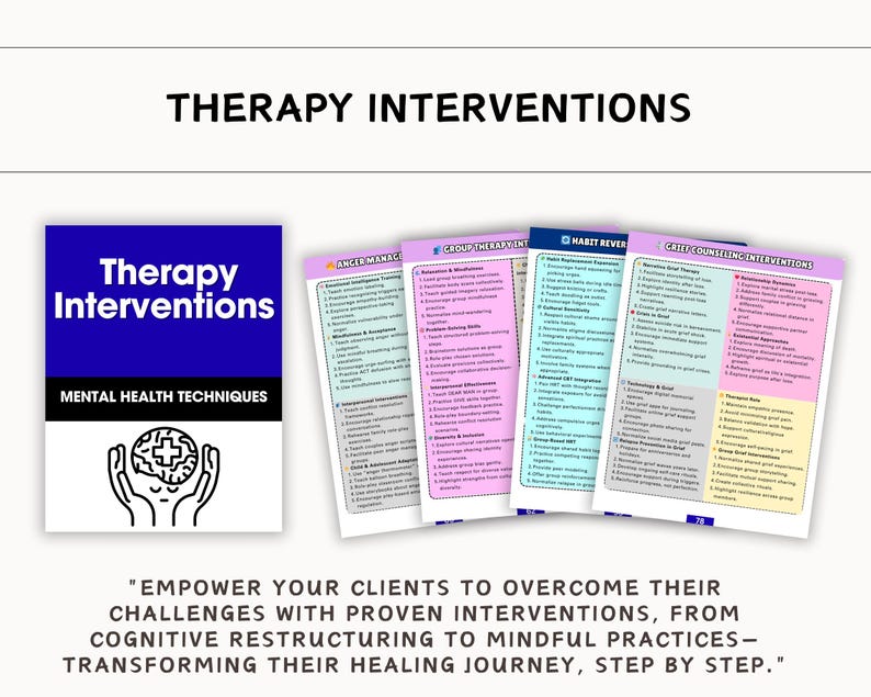 May include: A collection of therapy intervention guides. The main guide is blue with the title "Therapy Interventions" and "Mental Health Techniques". The image also includes several colorful guides with intervention topics and a quote about empowering clients.