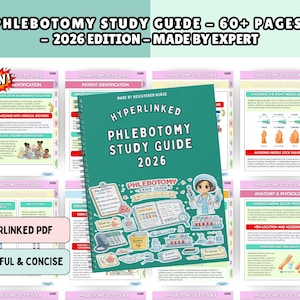 May include: A spiral-bound phlebotomy study guide for 2026 with a teal cover featuring a cartoon nurse and medical equipment illustrations. The guide includes over 60 pages of hyperlinked content covering patient identification and anatomy.