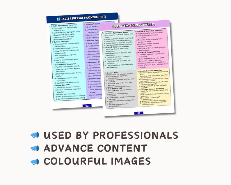 May include: Two colorful educational guides with detailed lists. One titled "Habit Reversal Training (HRT)" and the other "Problem Solving Therapy." The image also includes the text "USED BY PROFESSIONALS," "ADVANCE CONTENT," and "COLOURFUL IMAGES."
