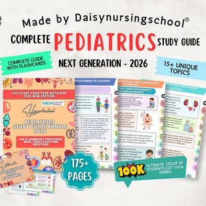 May include: A digital pediatrics study guide bundle for 2026 by Daisynursingschool, featuring 175+ pages of educational content, flashcards, and medical illustrations. The cover includes text about 100 commonly prescribed medications and questions.
