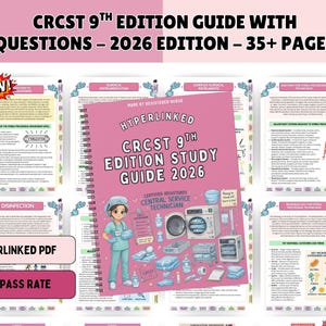 Peut inclure: Un guide d'étude à reliure spirale intitulé Hyperlinked CRCST 9th Edition Study Guide 2026, avec une illustration de technicien en stérilisation et d'équipement médical sur une couverture rose, présenté sur un fond de plusieurs pages de guide.