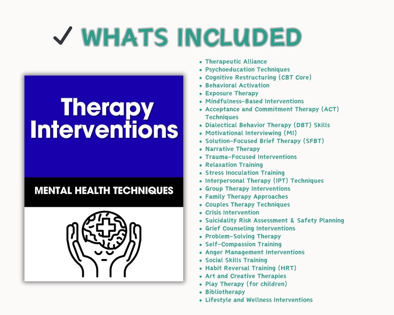 May include: A graphic with the text "WHATS INCLUDED" and a list of therapy interventions. A blue and white graphic reads "Therapy Interventions" and "Mental Health Techniques" with a brain graphic. The list includes various therapy types.