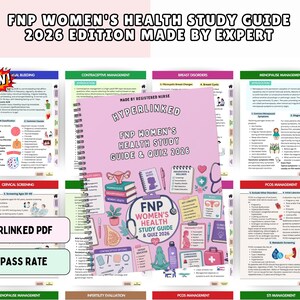 Op de afbeelding: Een spiraalgebonden FNP Women's Health Study Guide & Quiz 2026-editie met een roze omslag met medische illustraties zoals een stethoscoop, baarmoeder en boeken. De afbeelding toont meerdere pagina's met klinische aantekeningen over onderwerpen zoals baarmoederhalsbloedingen.