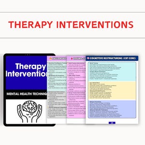 May include: A digital tablet displays a guide titled "Therapy Interventions" with the text "Mental Health Techniques." The guide includes sections on anger management, trauma, and cognitive restructuring, with a graphic of hands cradling a brain with a cross.