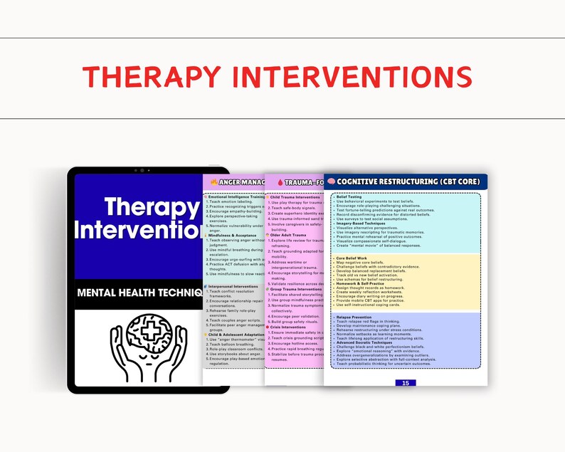 May include: A digital tablet displays a guide titled "Therapy Interventions" with the text "Mental Health Techniques." The guide includes sections on anger management, trauma, and cognitive restructuring, with a graphic of hands cradling a brain with a cross.